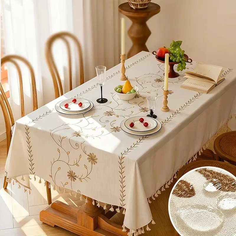 Nordic Cotton Linen Table Cover, Small Fresh Embroidered Waterproof Decor for Rectangular Dining Table