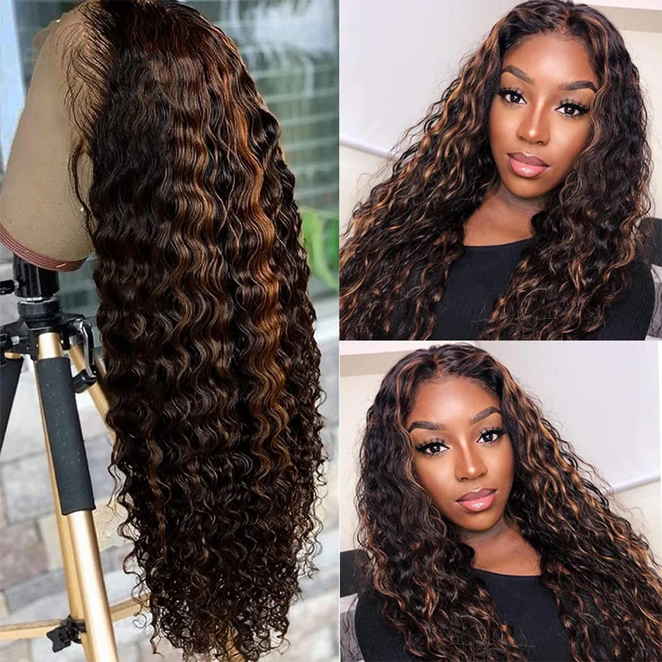 

Ombre Highlight Deep Wave Lace Front Wigs Human Hair 1B/30 Colored Water Curly 13x4 Lace Frontal Wig Pre Plucked for Women