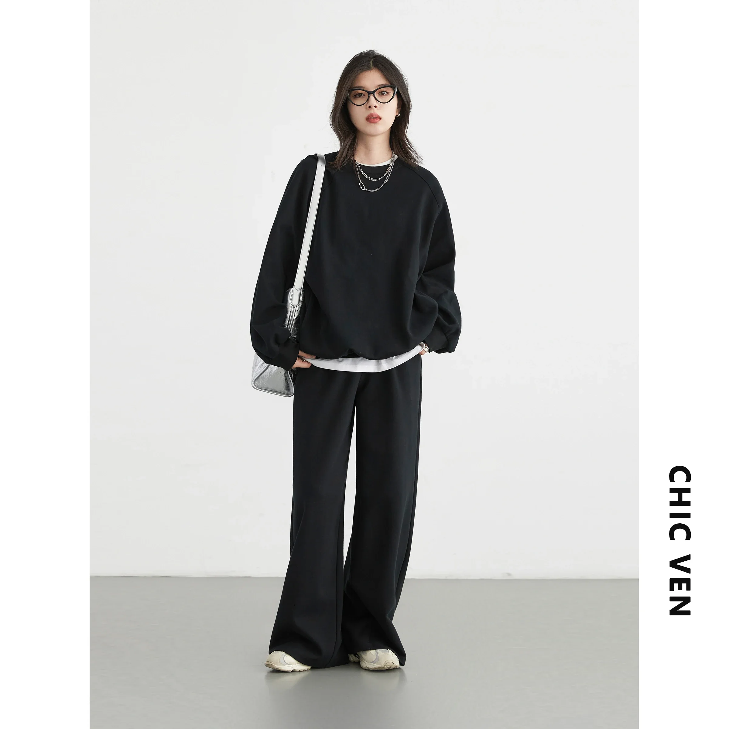 CHIC VEN Women Sweatshirts Pullover Loose O Neck Long Sleeved Female Coat Elastic Waist Casual Pants Set Spring Autumn 2024