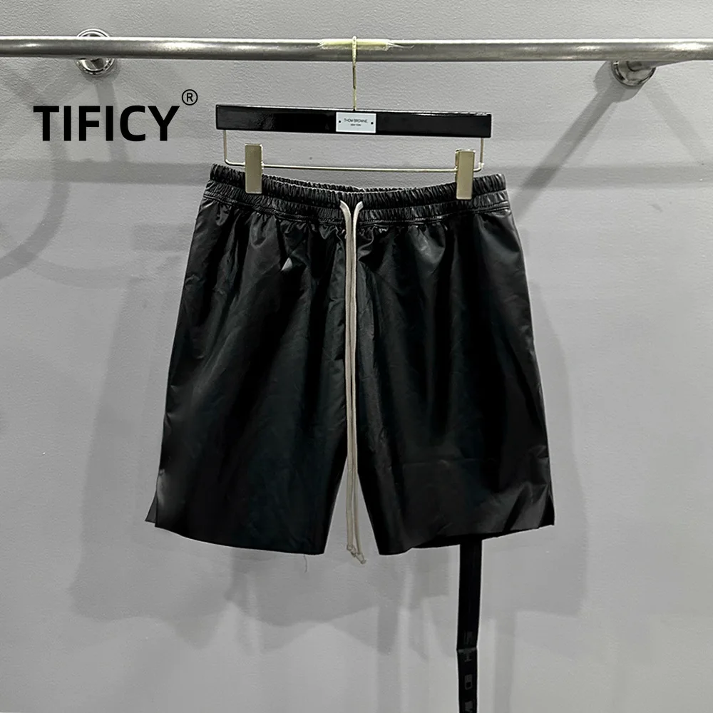 High Street Dark Ro Shorts Men's Summer Elastic Waist New Dark PU Leather Dark Wind Drawstring Straight Bottom Casual Shorts