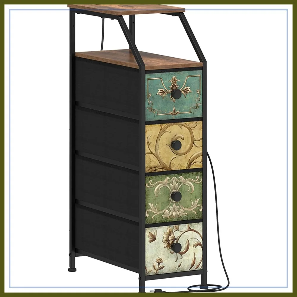 

Tall Skinny Dresser with Charging Station, 4-Drawer Narrow Storage Tower for Bedroom, Bathroom, Small Spaces