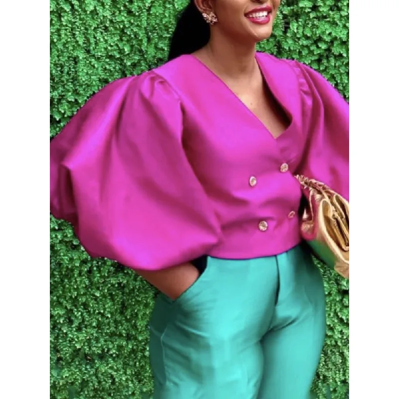 티나아 엘레강트 푸시아 새틴 셔츠 여성용 2026 봄 여름 브이넥 랜턴 소매 더블 브레스티드 어반 파티 블라우스 100718