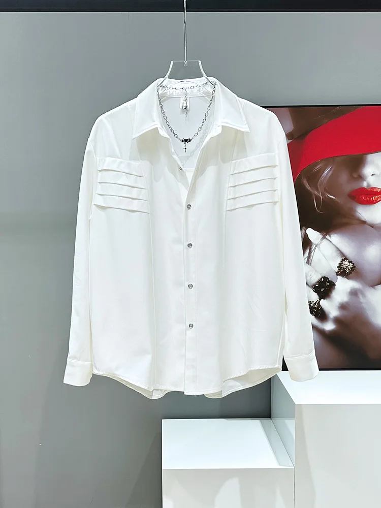 

Белая мужская рубашка с длинным рукавом, плиссированным дизайном, весенне-осенняя, модная, свободного кроя, со съемными подплечниками, деловая, повседневная, однотонная