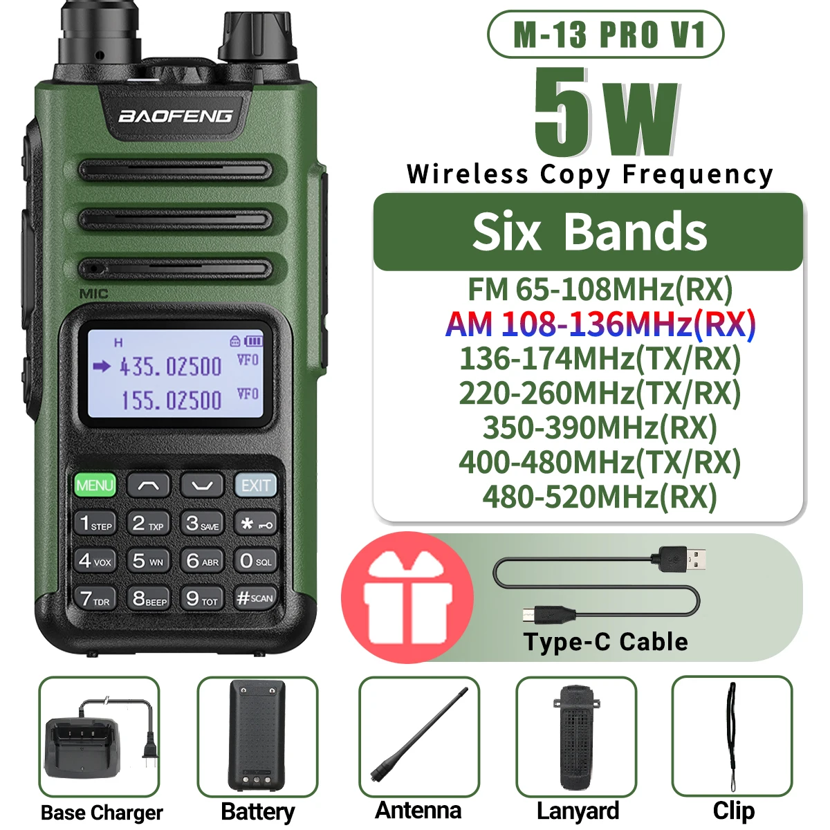 BaoFeng M-13 PRO V1 V2 High Power Multi Band Walkie Talkie Type C Oplader Lange afstand Verbeterde UV-13 PRO V1 V2 Ham Tweerichtingsradio