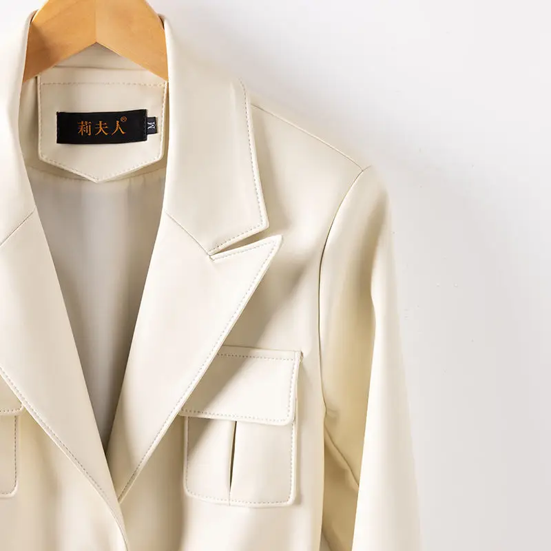 Women's Models Autumn Spring Coat Tops Leather Jacket Suit Collar Trench Coat Lace Up Medium-length Leisure Simple Brand New