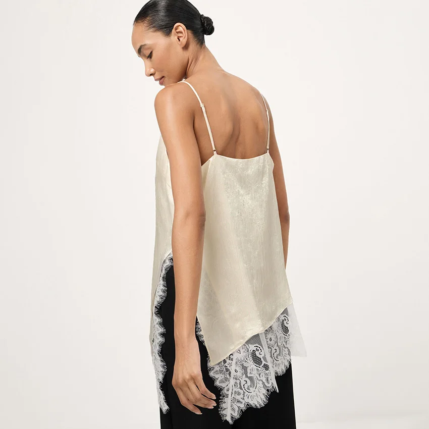 Linad أنيقة الساتان المشمش السباغيتي حزام بروتيل الشارع شيك الدانتيل سبليت سترة الإناث ملابس علوية الحرير عادية المرأة 2025 الصيف الوردي