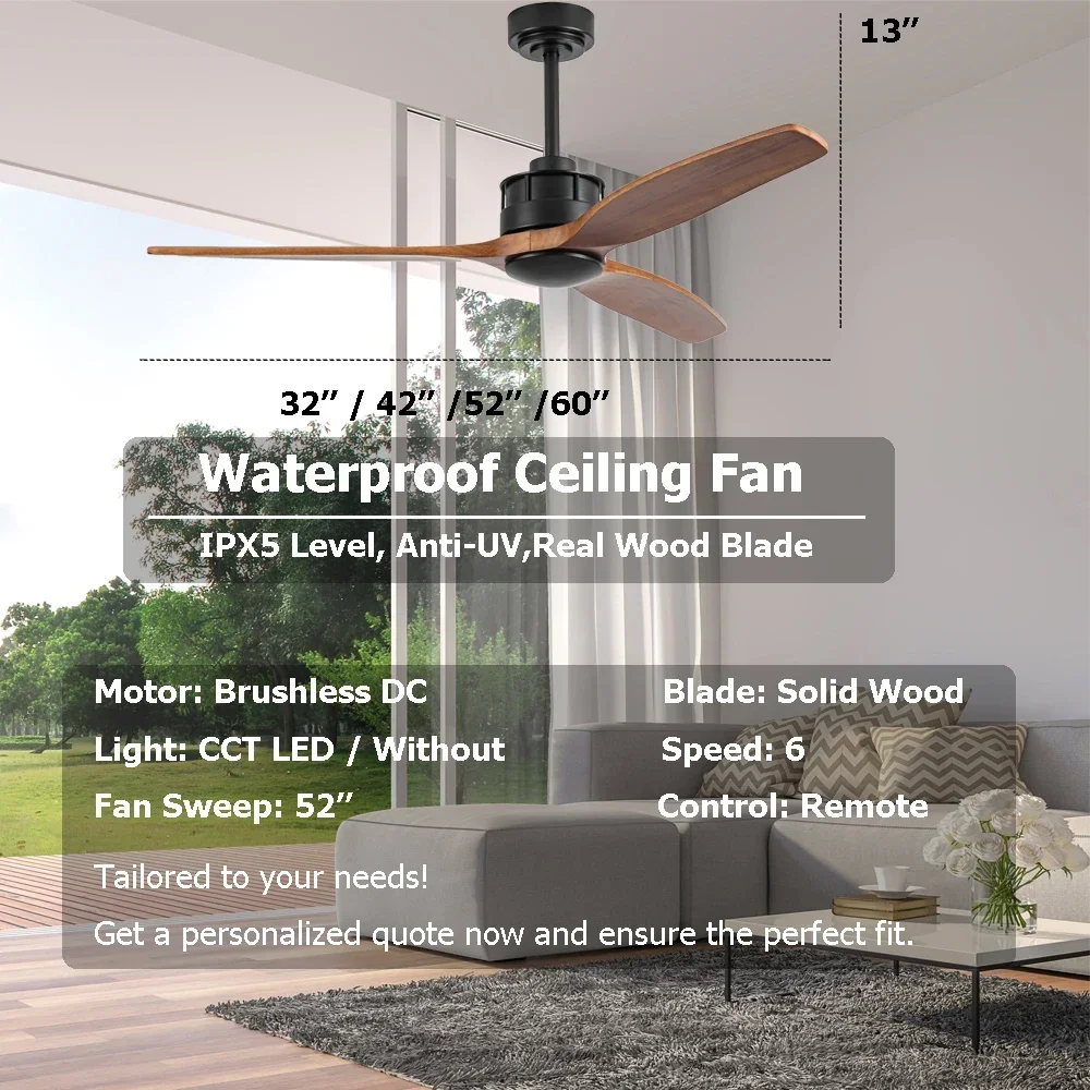 Stylish High Quality Outdoor Patio Ceiling Fan Fan With Wood Blades - Damp Rated, Waterproof UV-Resistant