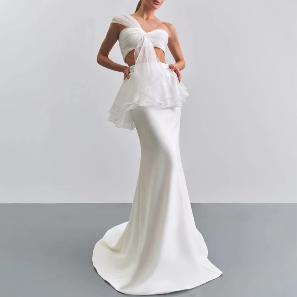 

Charming Two Piece Wedding Dress One Shoulder Sleeveless Mermaid with Pleat and Tiered Bridal Chic Floor Length Gowns Robe