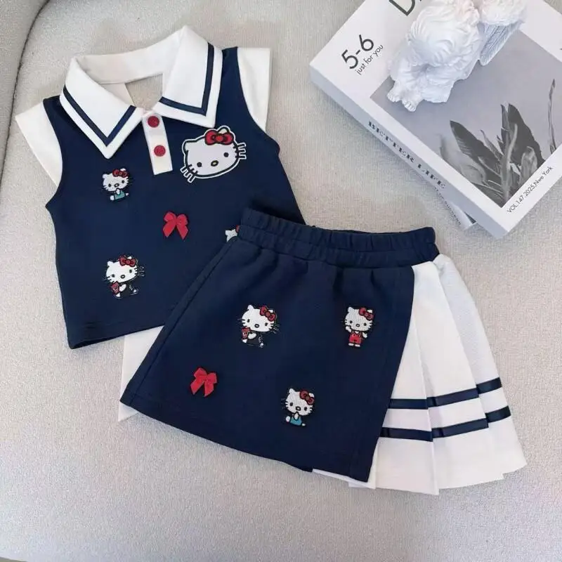 

Футболка и короткое платье Sanrio Hello Kitty для маленьких девочек, весна-лето, удобная повседневная детская одежда с героями мультфильмов, модная одежда из двух предметов