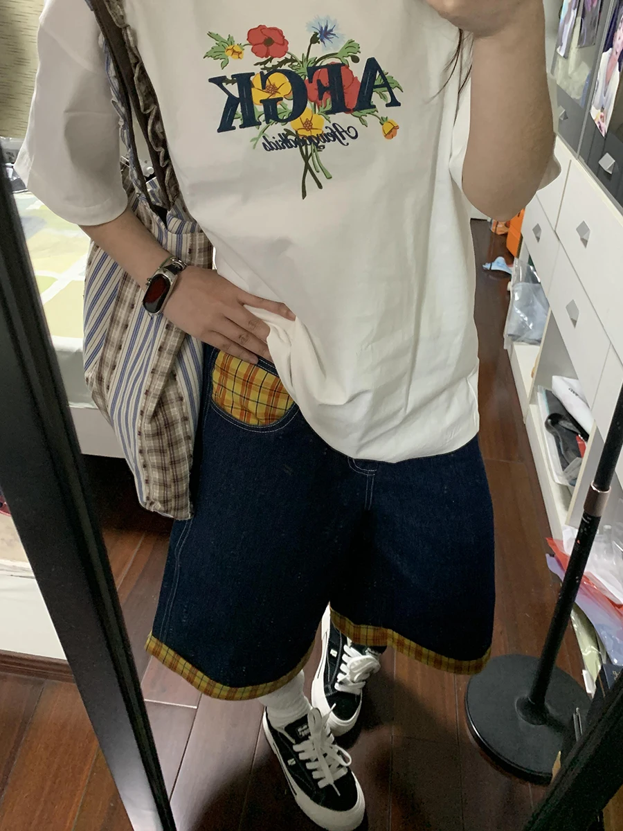 ReddaChic タータンチェックレトロパッチワーク女性ジーンズショーツ韓国チェッカー裾ローライズワイドレッグバミューダパンツ夏 Jorts ストリート