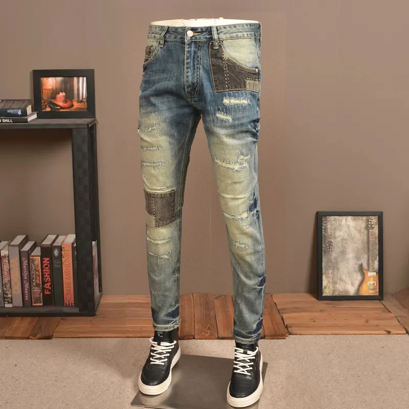 y2k designer fashiony2k new jeans scratch patch wash nostalgic stretch slim fit retro blue jeans high street retro pants hombre