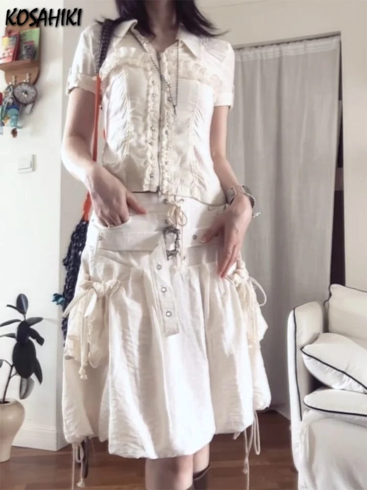 

Streetwear Two Piece Sets Y2k Aesthetic Lace Patchwork Zipper Blouses + Vintage High Waist Pocket Skirts Harajuku Punk Outfit