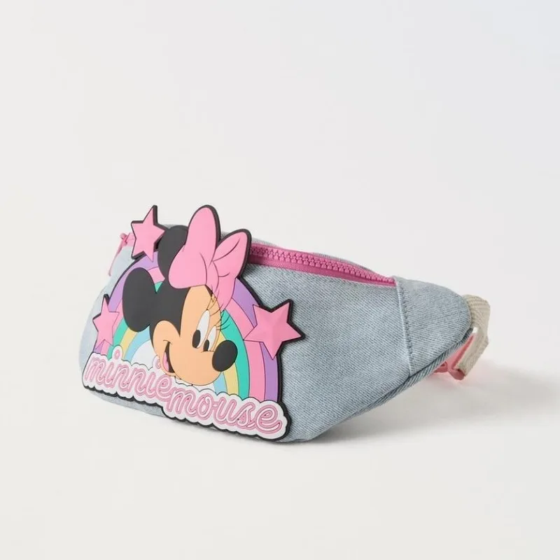 Disney Cartoon Minnie Denim Plastic Headwear Rainbow Girls Chest Bag Fashionable Versatile Crossbody Small Waist Bag