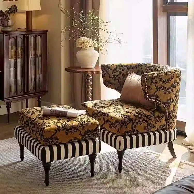 

Vintage Style Living Room Solid Wood Lazy Sofa Chair Designer Small Apartment Single Sofa Recliner Designer
