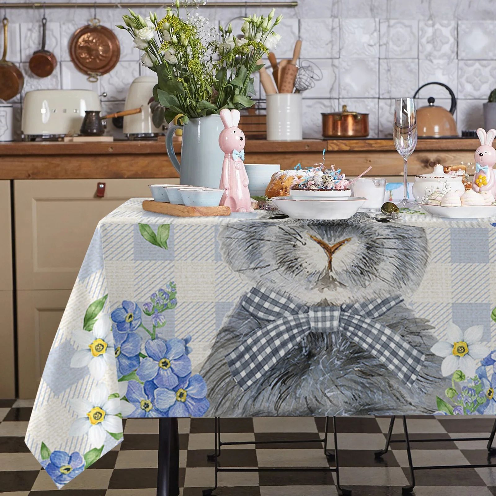 Spring Easter Bunny Blue Flowers Table Cloth Waterproof Dining Tablecloth Kitchen Decorative Party Table Cover