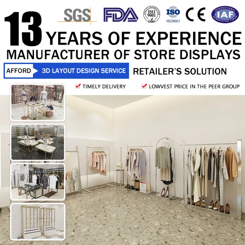 custom.Fashion Lady Retail Store Fixtures Design Luxury Custom Stainless Steel Shop Wall Display Rack Clothing