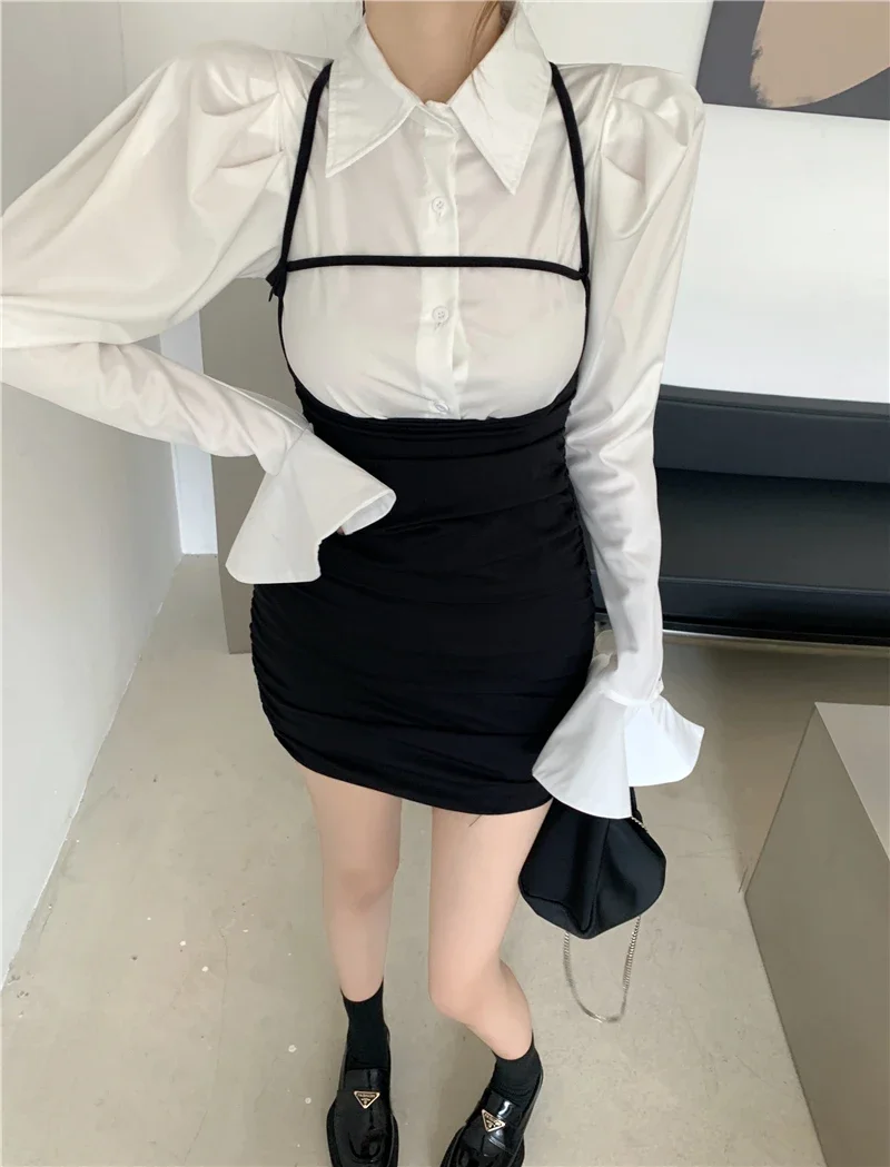 Autumn Casual Wild White Flare Sleeve Shirts Women Long  Tops Sexy Bandage Hollow Black Dress Mini Strap Hip Fashion