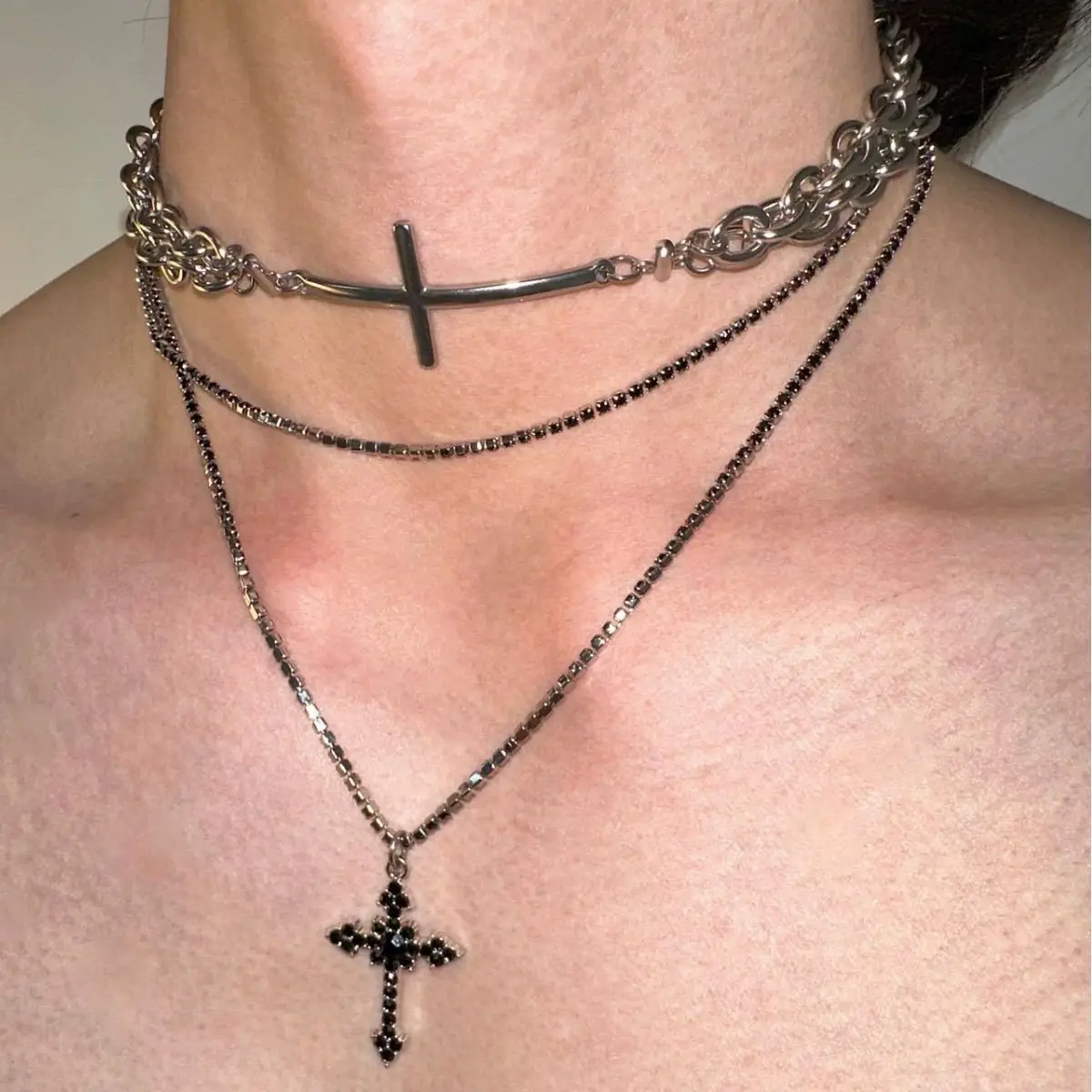 Punk Grunge Schwarz Kreuz Anhänger Multi-schicht Kette Choker Halskette Für Männer Frauen Rock Hip Hop Straße Vintage Y2K goth Zubehör