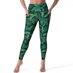 Green Palm Leaves Leggings Sexy Tropical Leaf Print Gym Yoga Pants High Waist Quick-Dry Sports Tights With Pockets Novelty