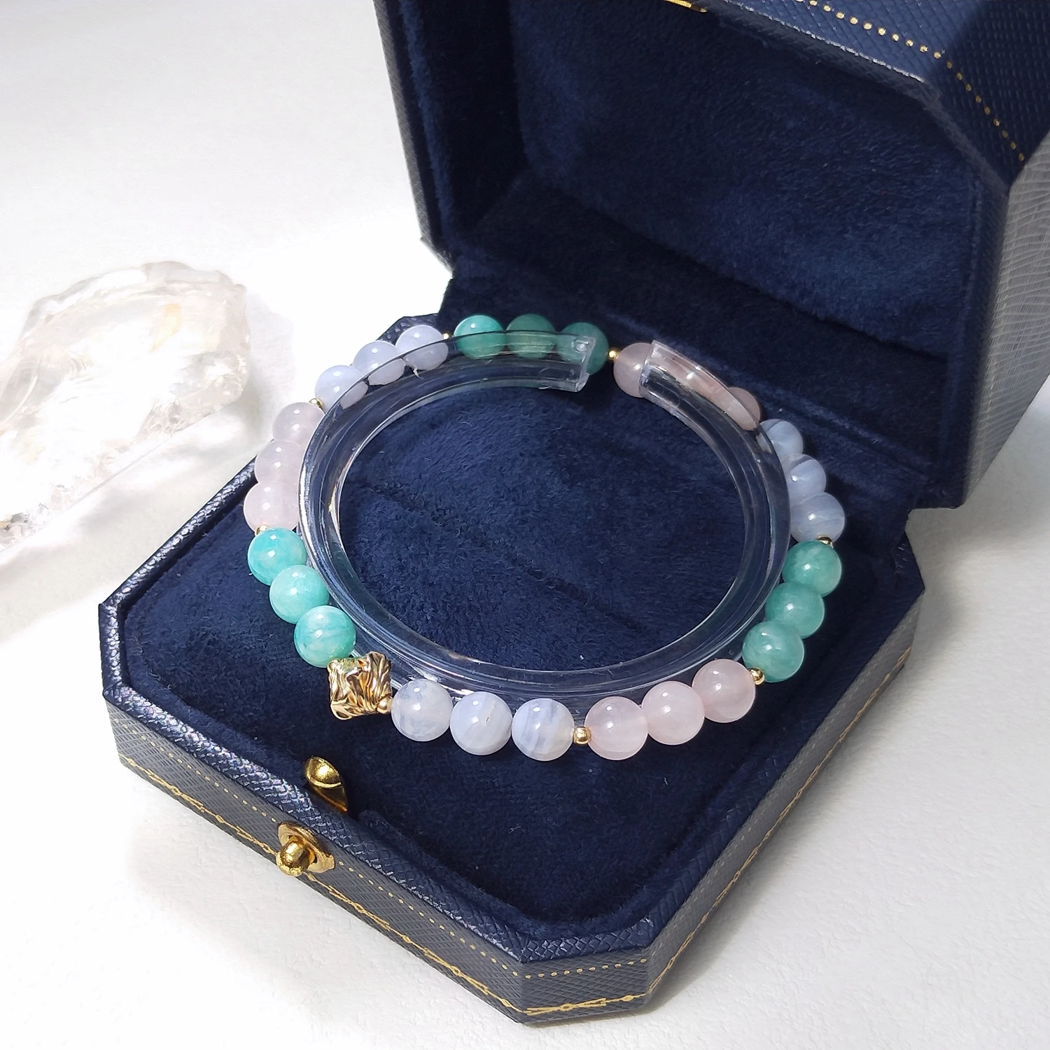 

Lii Ji Rose Quartz Amazonite Blue Lace Agate 6/8mm With Crystal Natural Stone American 14K Gold Filled Elastic Bracelet
