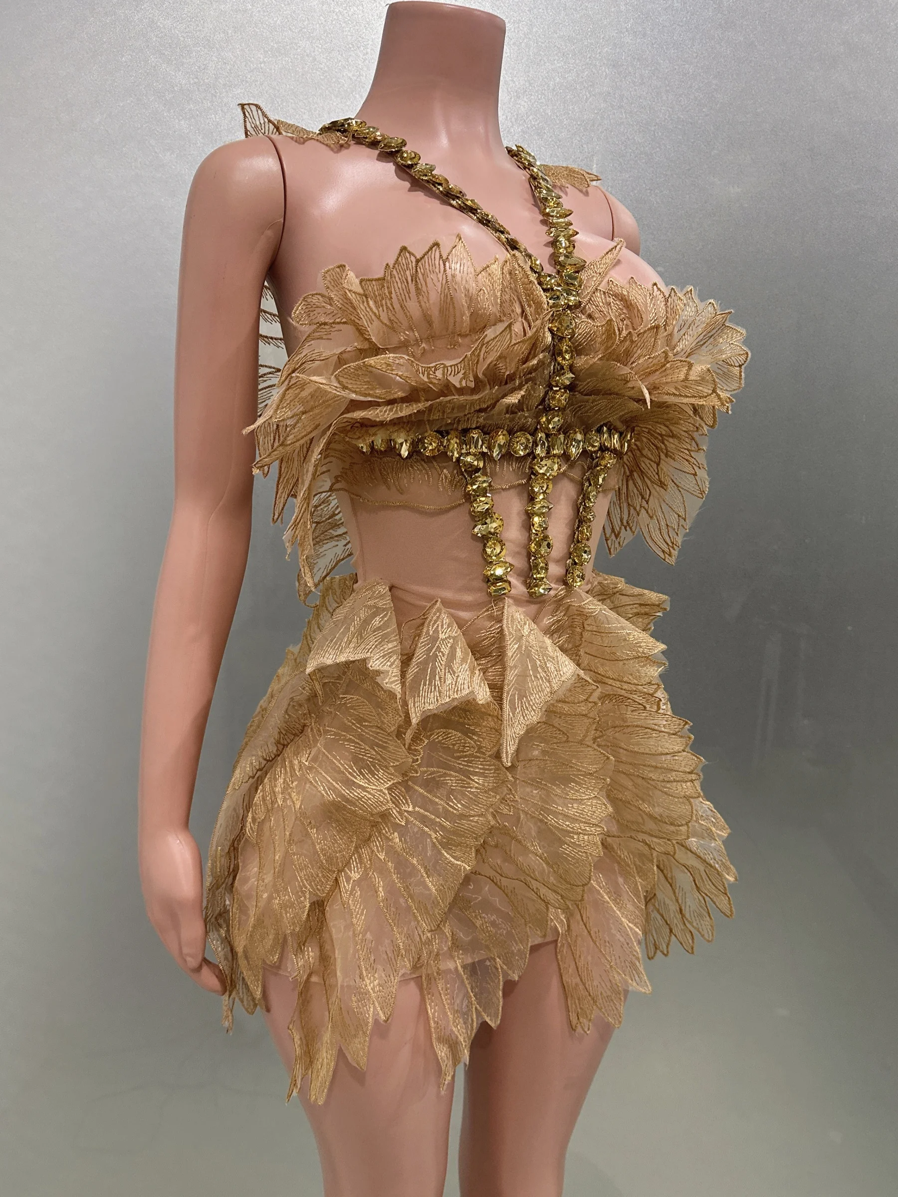 Mini robe en dentelle dorée avec biscuits clignotants pour femme, costume de performance, tenue de scène, séparés euse, chanteuse, fête d'anniversaire, soirée