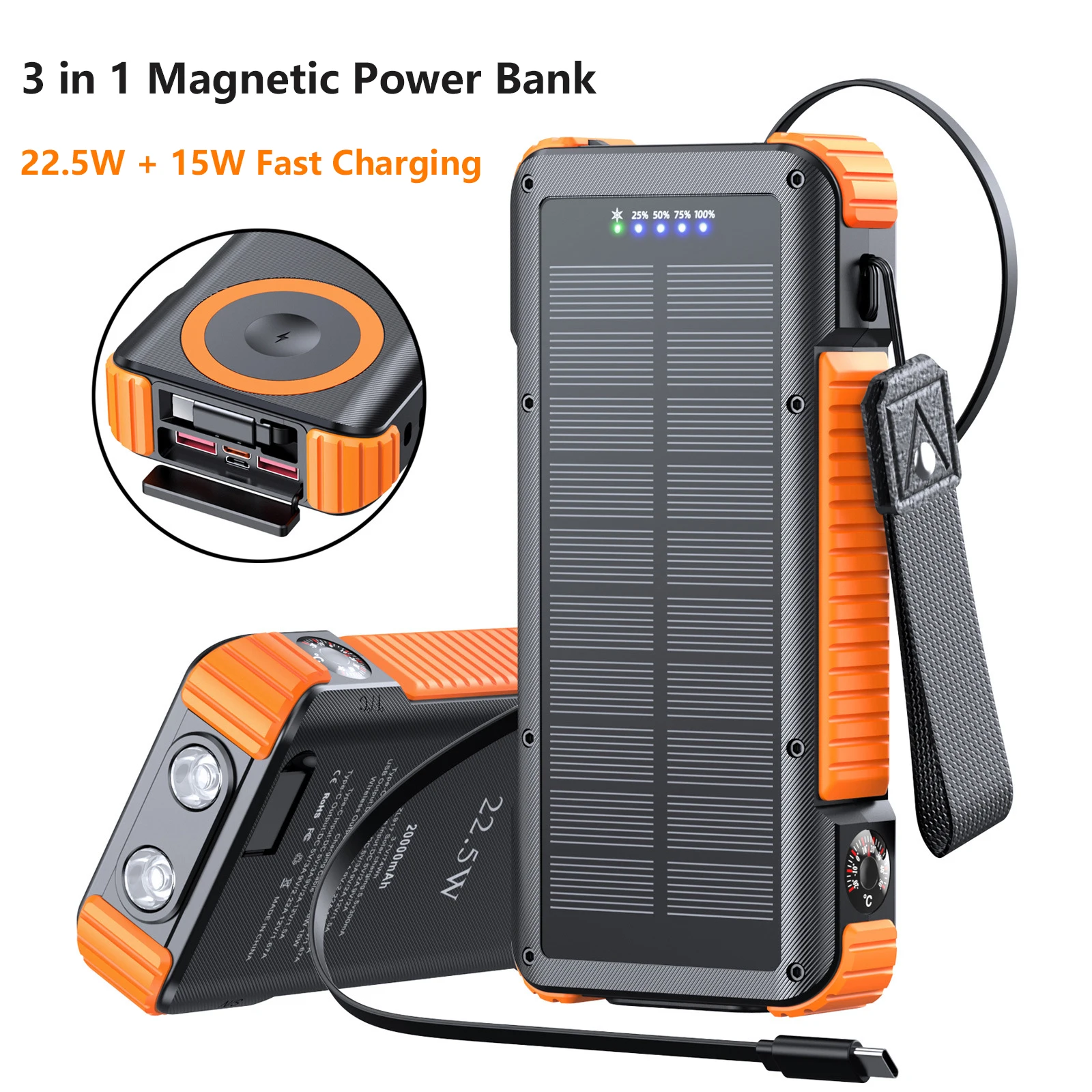 

20000mAh Solar Power Bank Magnetic Wireless 22.5W Fast Charging External Battery For Magsafe Charger for iPhone iWatch Airpods