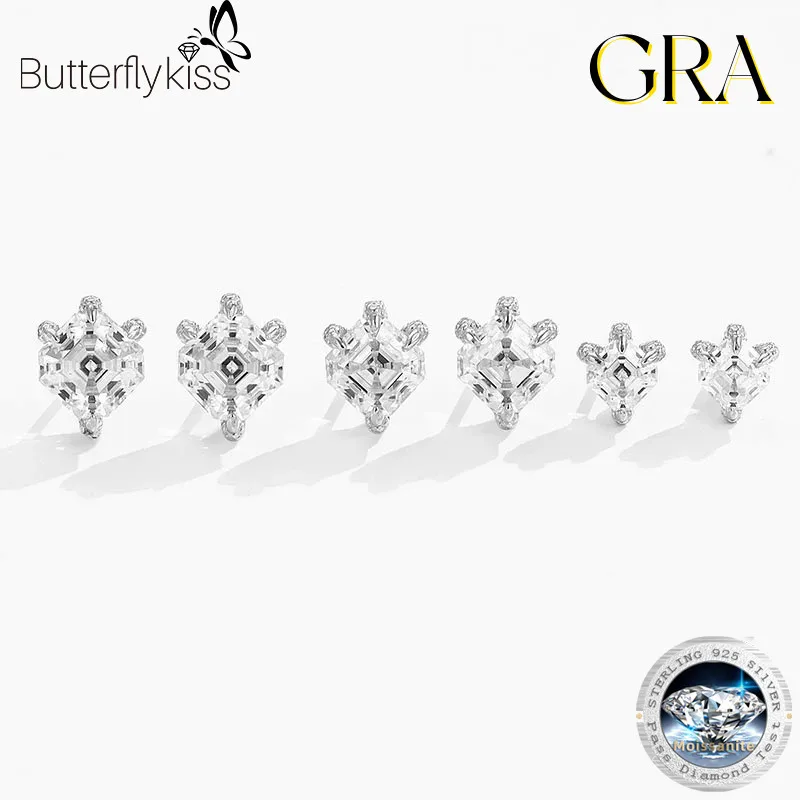 

Серьги-гвоздики с муассанитом Butterflykiss Asscher для мужчин, стерлинговое серебро 925 пробы, женские серьги с муассанитом в стиле хип-хоп и рок