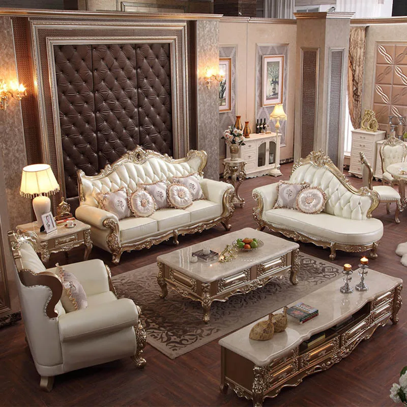 European Leather Sofa First Layer Cowhide Villa Large Apartment Living Room Combination Champagne Color Solid Wood Carved