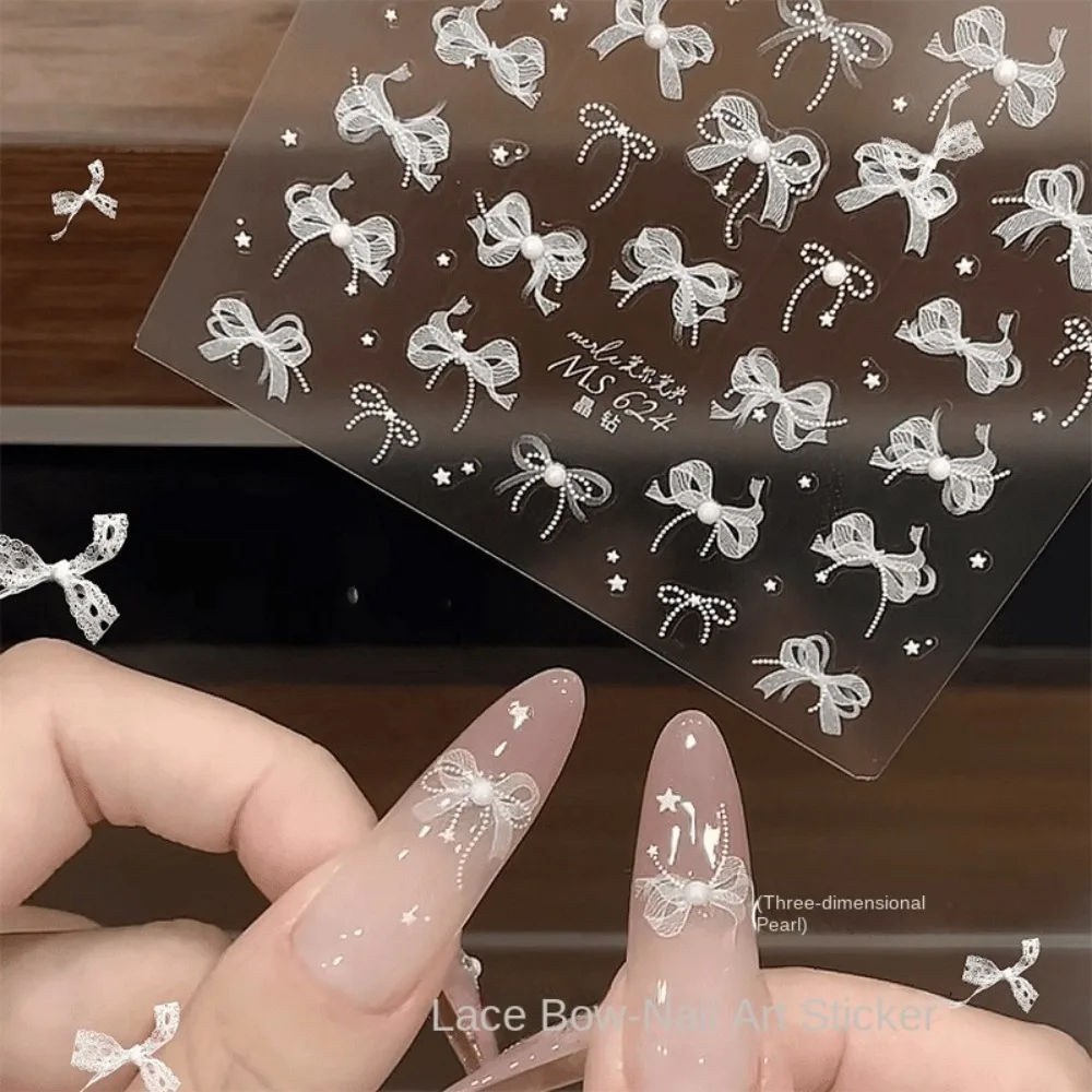 

Тисненый дизайн, 5D жемчужные наклейки для ногтей, лента с бантом, наклейки для ногтей, стразы, волнистые линии, кружевное украшение для ногтей