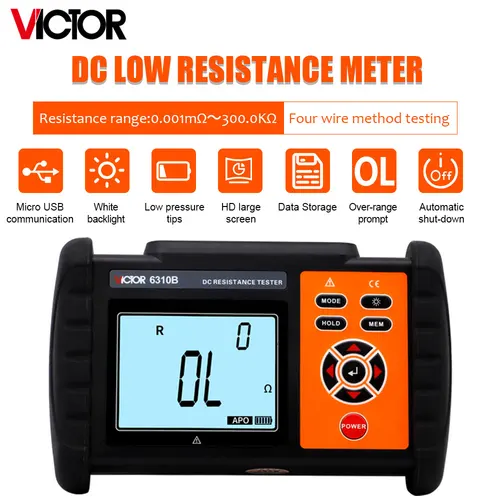 Victor DC 저항계 마이크로 저항계, 충전식 배터리 500 세트, 데이터 저장, 4 와이어 테스트 범위 0.001mΩ-300.0KΩ, 6310B