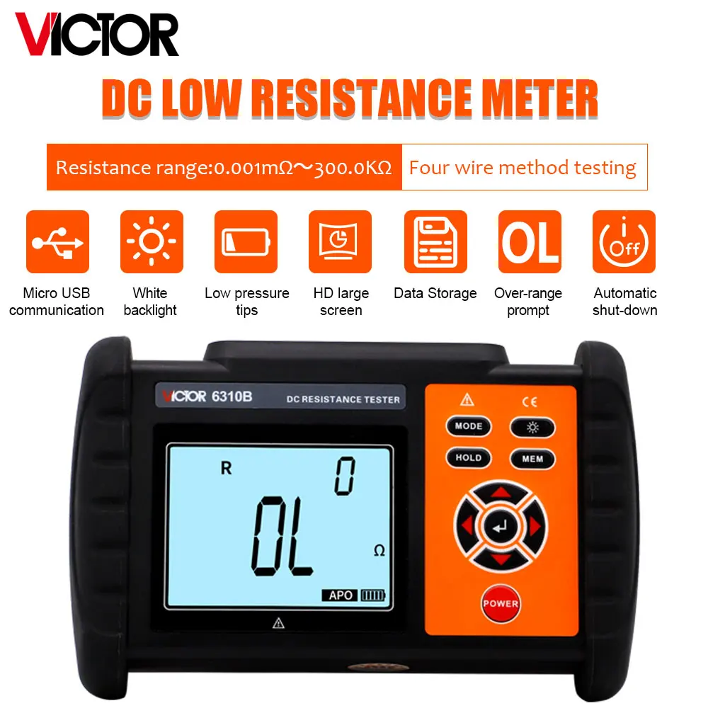 victor dc resistencia medidor micro ohmimetro four wire test range bateria recarregavel 500 grupo armazenamento de dados 0001 mo para 3000 ko 6310b 01