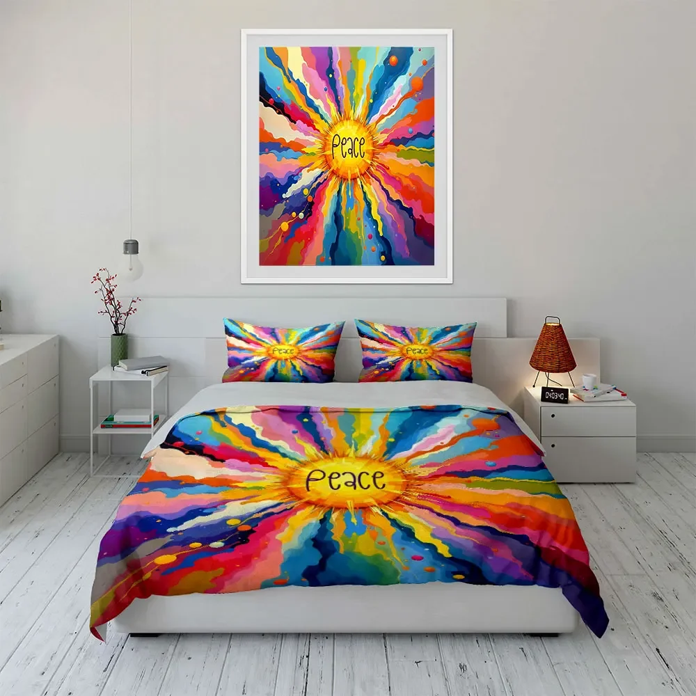 3Pc Psychedelic Sun Bedding Set, Colorful Peace Sign Print Duvet Cover + 2 Pillowcases, Hippie Retro Decor