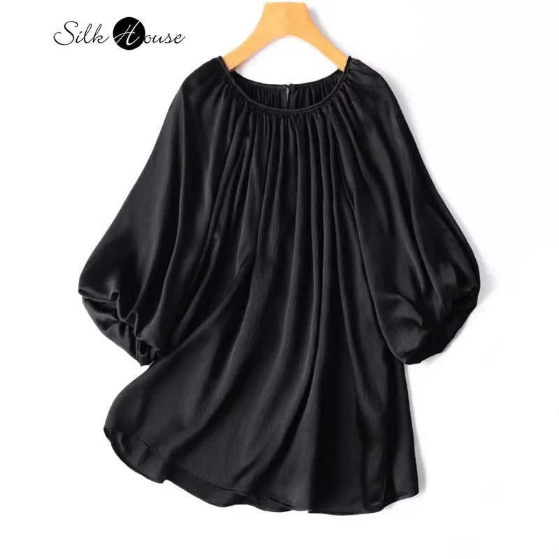 

Versatile Black 20MM 100% Natural Mulberry Silk Pearl Satin Round Neck Lantern Half Sleeve Loose Women's Casual T-shirt