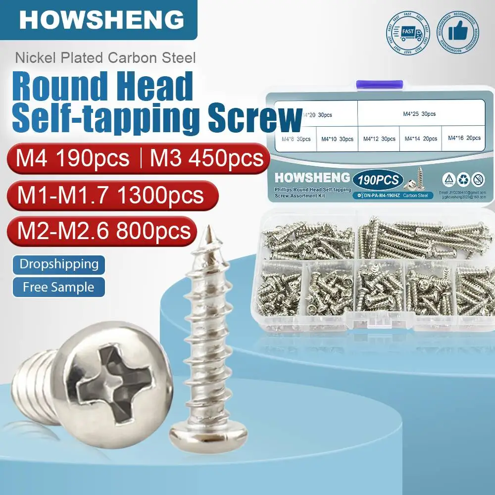 190/450/800/1300pcs Phillips Round Head Self-tapping screw Set M1-M4 Nickel Plated Cross Pan Head Tapping Wood Screw