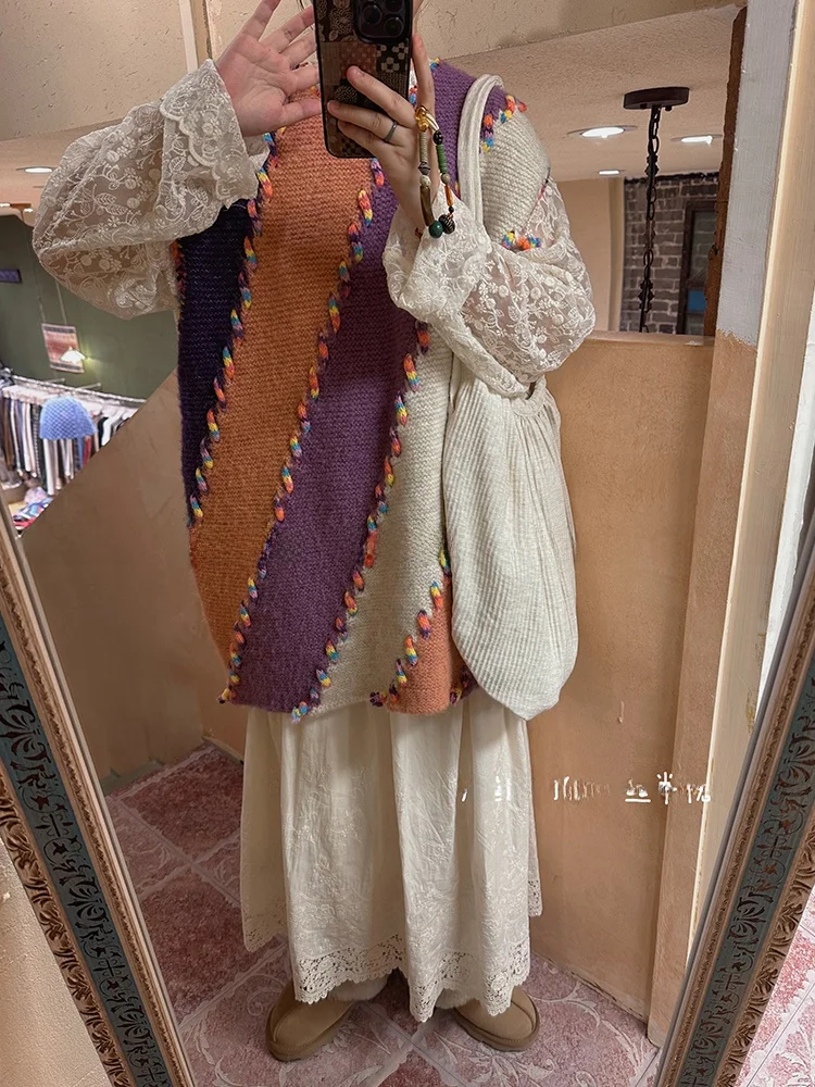 

Весенний винтажный вязаный жилет средней длины ручной работы, больших размеров, женский, модный, свободного кроя, без рукавов, для ношения под одеждой