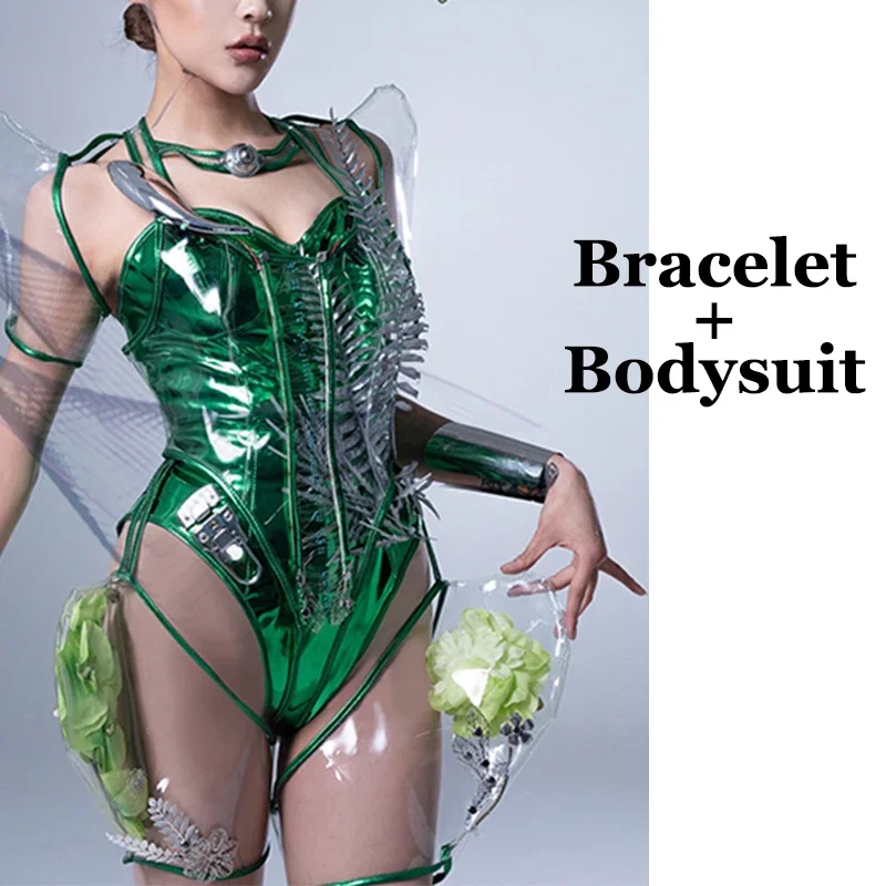 New Nightclub Bar Futuristic Green Laser Bodysuit Gogo Dancer Costume Music Festival Outfit Party Wear Pole Dance Clothing Set