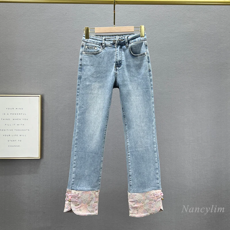 

National Style Jeans for Women 2024 New Spring and Summer Cotton Elastic High Waist Slimming Buckle Cropped Straight Pants Jeans