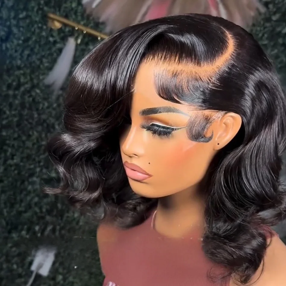 

Парик-боб из натуральных волос с объемом 250%, волнистый, с прозрачной кружевной передней частью 13x4, бразильский, из необработанных волос, для женщин