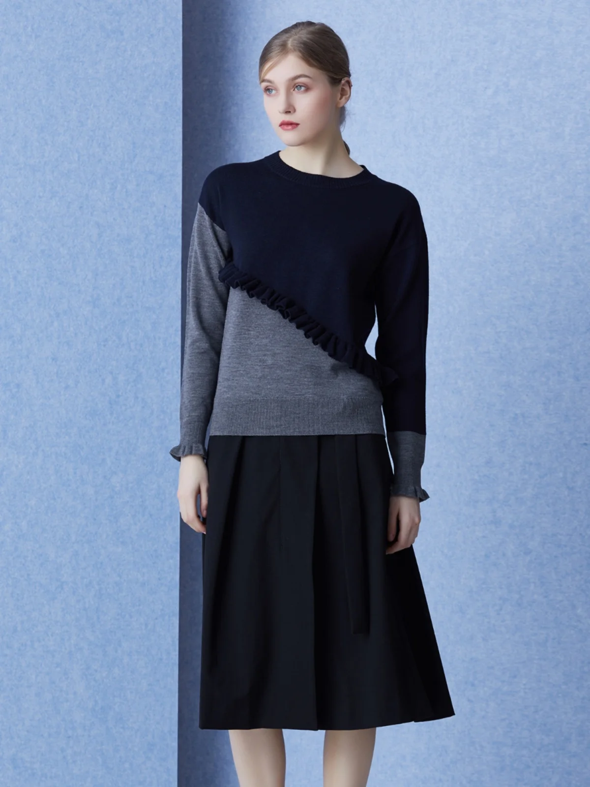 

Merino Wool Knitted Sweater round Ne Overhead Color Blo Hemline Women's Sweet Sle Long Sve Knitwear G-ZEN COLLECTION