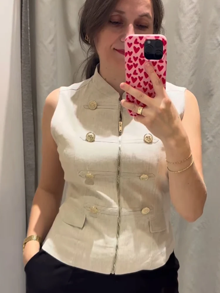 Neue Damenweste im Retro-Militärstil mit Goldknopf-Dekoration, schmal geschnittene Weste, schickes ärmelloses Oberteil mit Stehkragen für Frauen.