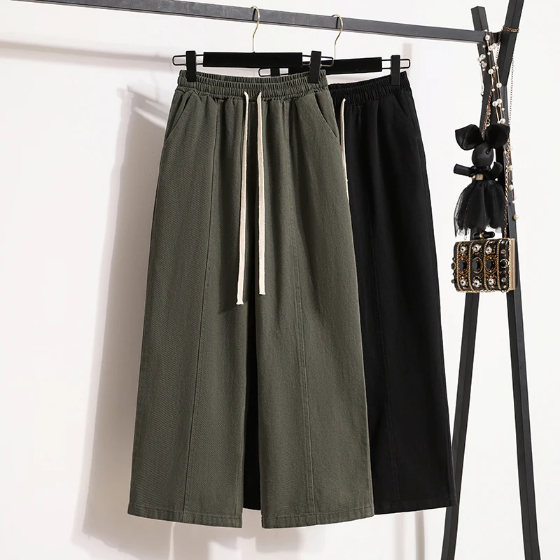 

Простые повседневные брюки из чистого хлопка с широкими штанинами, женские брюки-стринги, весна-осень, большие размеры, для поездок на работу, с высокой талией