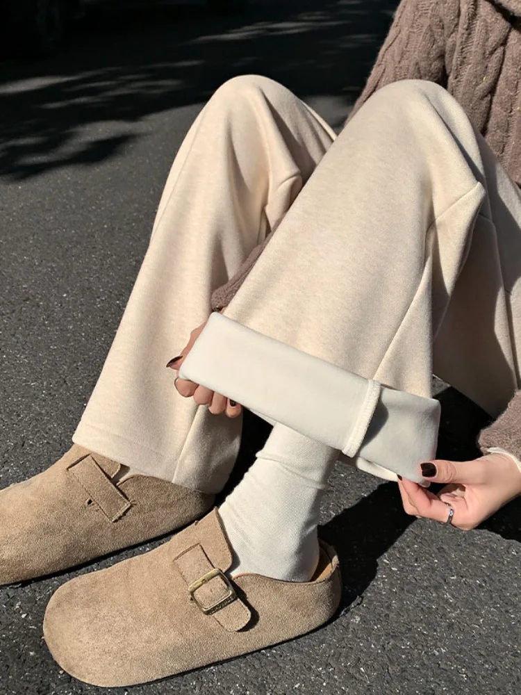 Women's High Waist Wide Leg Pants Winter New Sle Thiened Knitted Fce Lined Drapey Casual Pants Floor Length Trousers