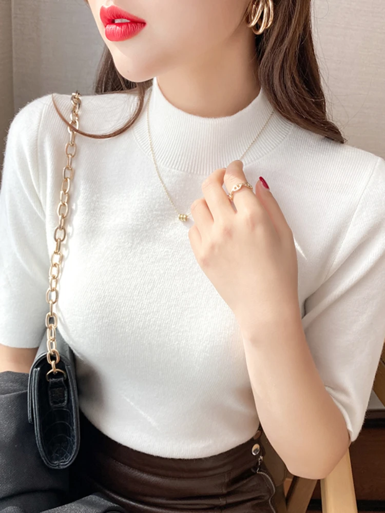 

Zjaiss 2025 Female Knitted Sweater Turtleneck Basic Solid Pullover Women Slim Short Sleeve Bodycon Sweater