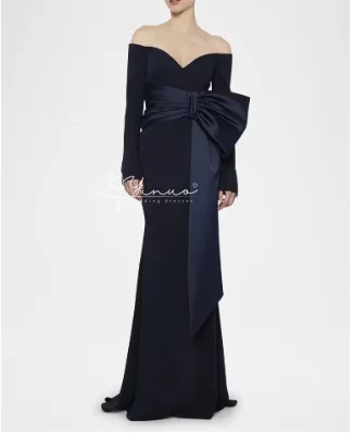 customized Dark Blue Elegant Lady Wedding Dress Handmade Waist Pleats Luxury Prom Dresses Long Sleeve Elegant Ladies فساتين سهرة