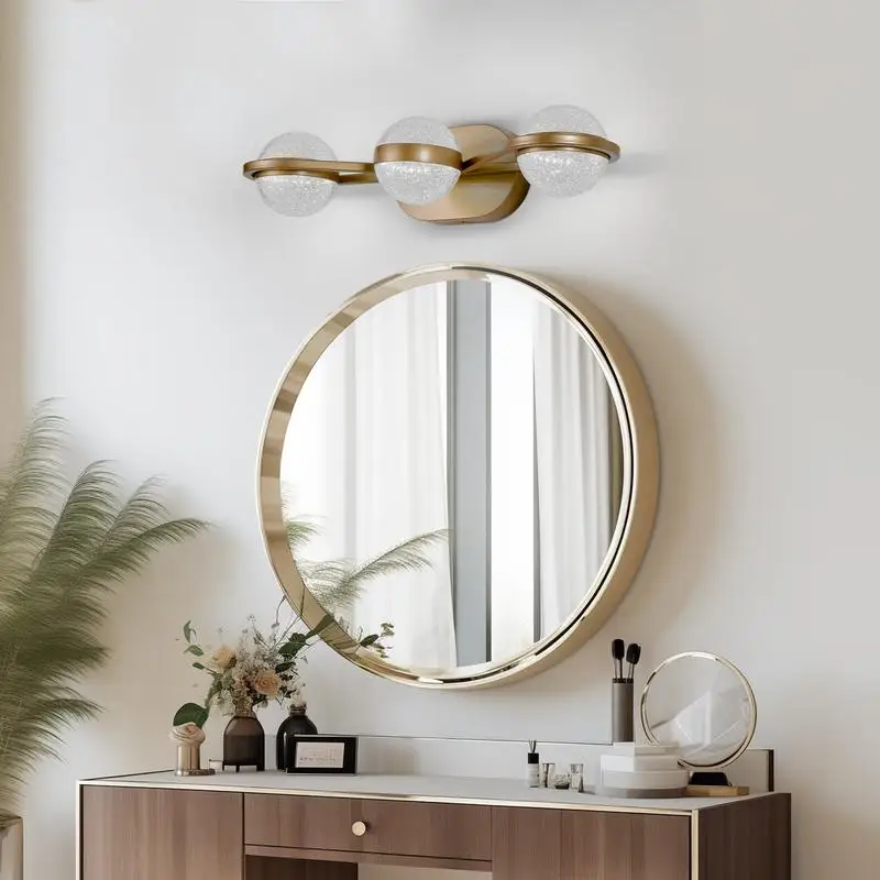 تركيبات إضاءة الحمام ذات 3 لمبات LED مع ظلال أكريليك رملية كريستالية، إضاءة زخرفية مثبتة على الحائط لمرآة الغرور