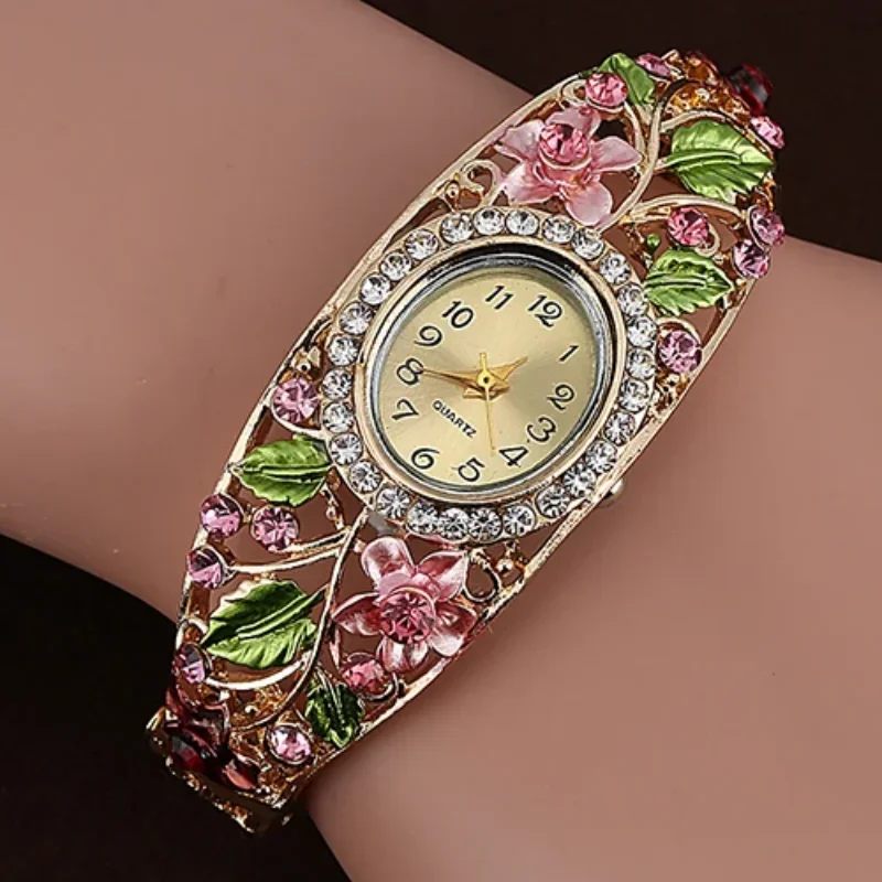 Women Lady Beauty Crystal Colored Alloy Flower Bangle Bracelet Gold Watch Analog Quartz Classic Dress Wristwatch Fashio