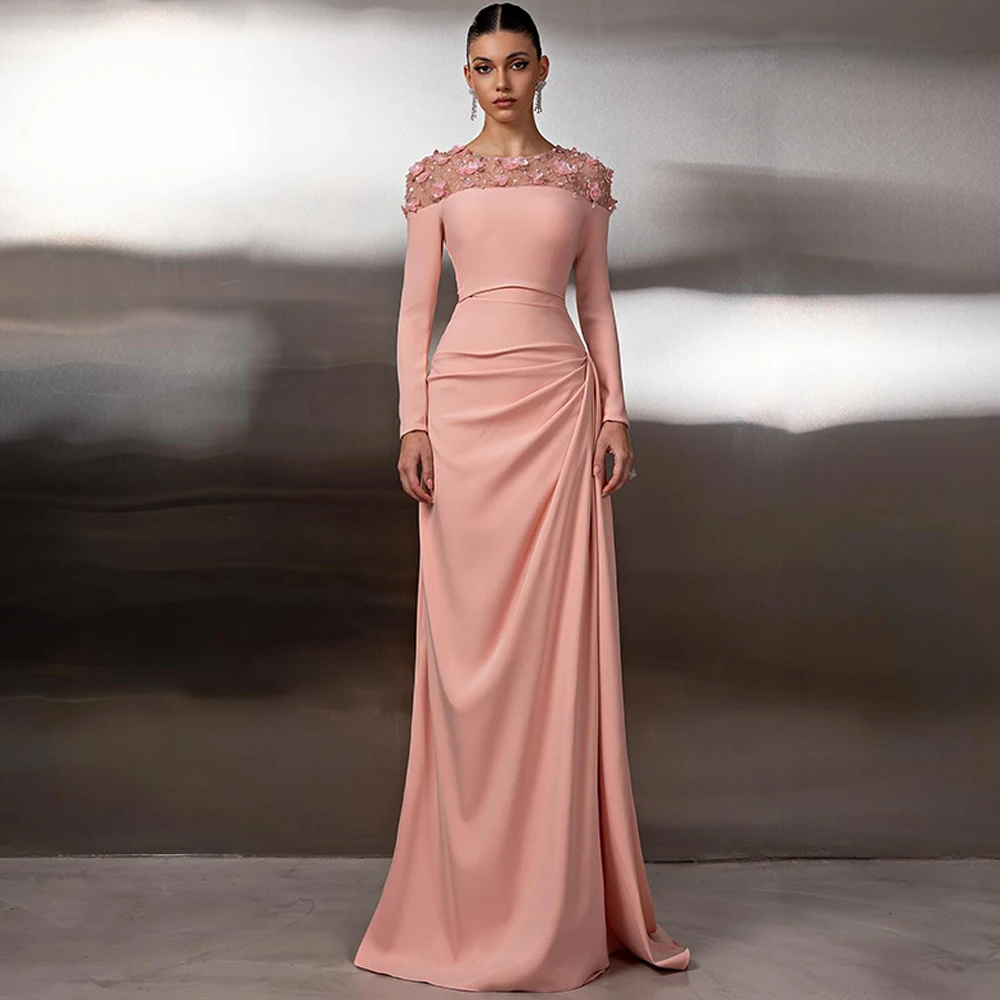 

Изысканное атласное вечернее платье по индивидуальному заказу, нежные платья для выпускного вечера с круглым вырезом, вечерние платья с длинными рукавами для особых случаев