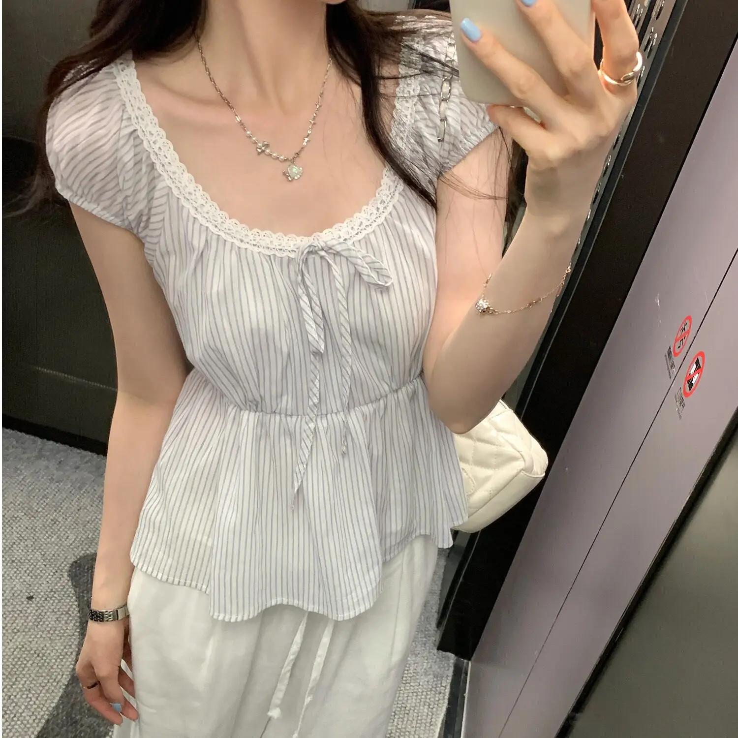 Unique Lace Trim Belted Loose Short Sleeve T-Shirt Women's Spring Summer New Design Casual Cotton round Neck Pullover Top