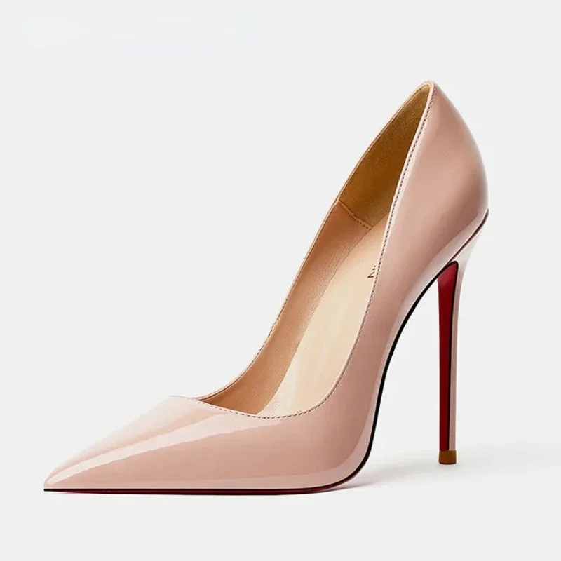 Zapatos de tacón alto con suela roja para mujer, calzado Sexy con punta puntiaguda de 12cm, para vestido de novia, Color negro Nude, Fondo de goma roja, de marca