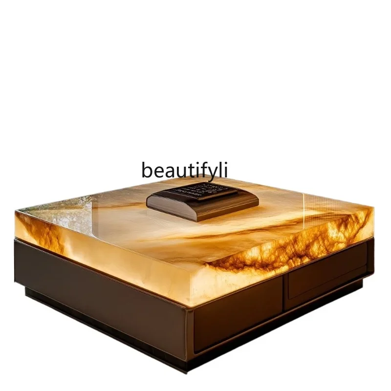 

Leather luminous jade coffee table custom marble large flat-floor villa living room luxury stone modern home